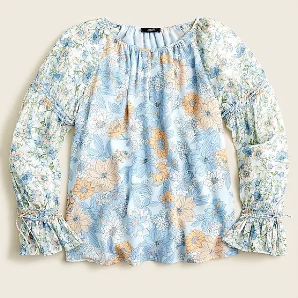 J.CREW Flutter Cuff Crinkle Chiffon Top-Zinnia Floral NWT Size Medium Blue Multi - Picture 2 of 4